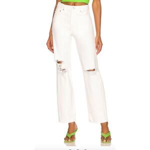 Lovers + Friends White Straight Jeans SIZE 31 Rigid Busted Knee High Rise $158